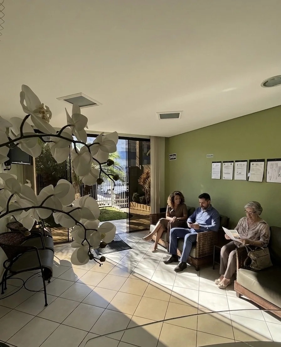 Recepção da clínica VivatSaúde com pacientes aguardando atendimento